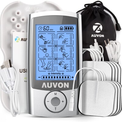 AUVON Rechargeable TENS Unit Muscle Stimulator, 24 Modes 4th Gen TENS Machine with 8pcs 2"x2" Premium Electrode Pads for